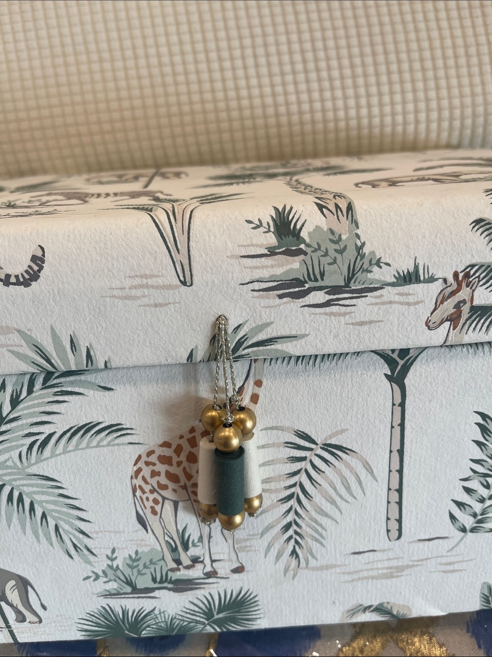 Decorative Jungle Print Storage Box with Tassel - White & Green - Picture 2 of 6